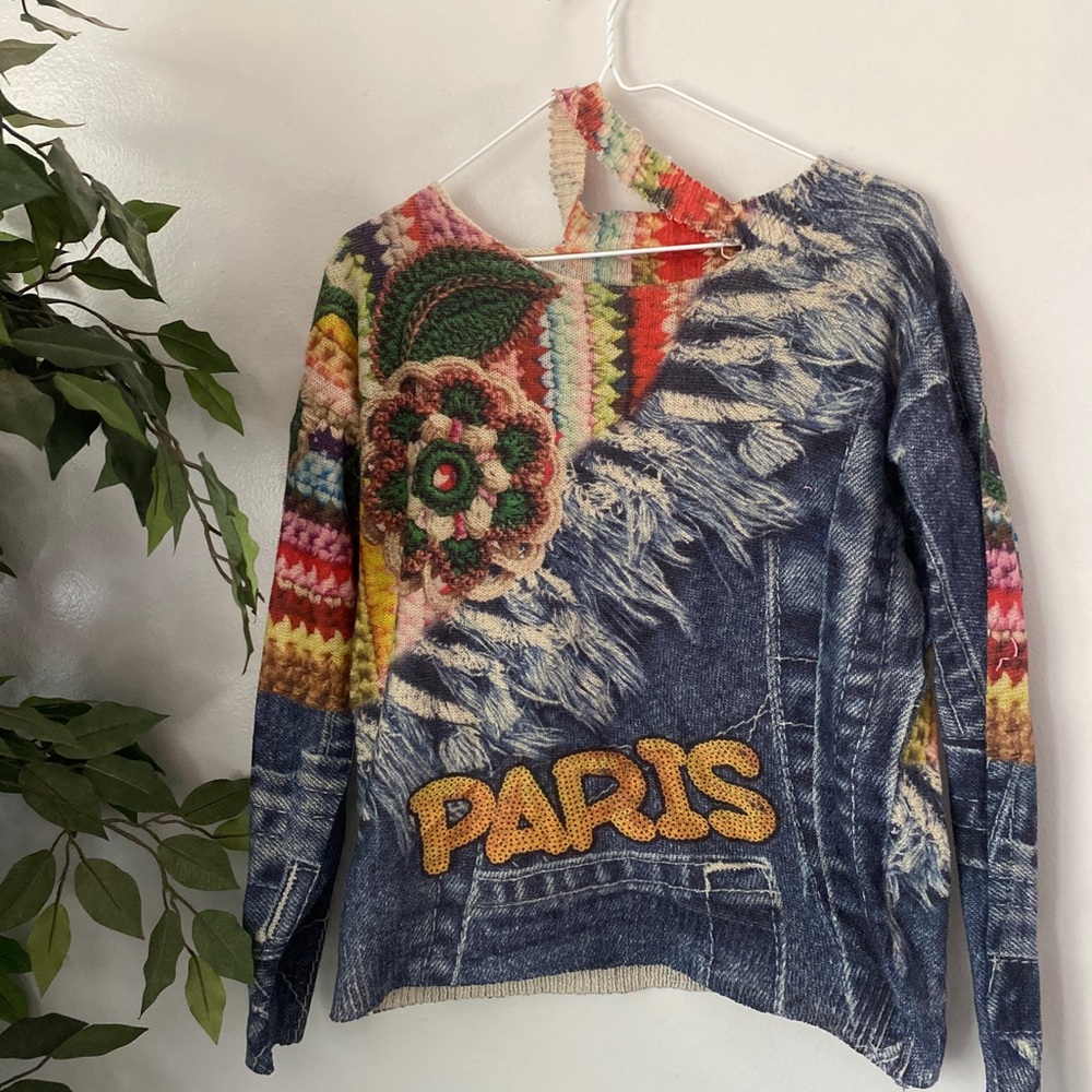 Colorful Paris sweater with ripped neck line.